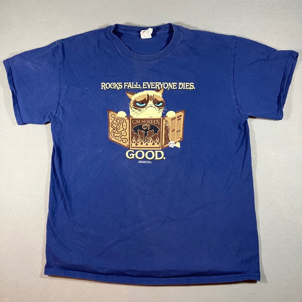 Funny Grumpy Cat Rocks Fall Everyone Dies GM Screen Blue Graphic T-Shirt Large